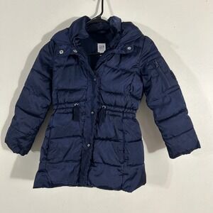 GAP Puffer Parka Kids S 6-7 Navy Blue Faux Fur Hood Fleece Lined Jacket